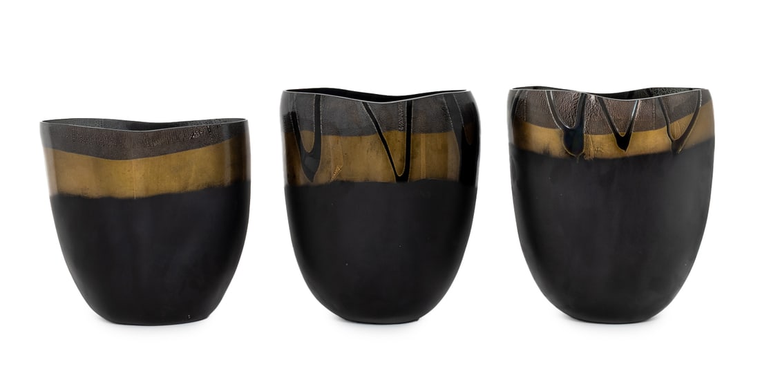 Italian Murano Gold-Flecked Black Glass Vases, 3 (1 of 8)