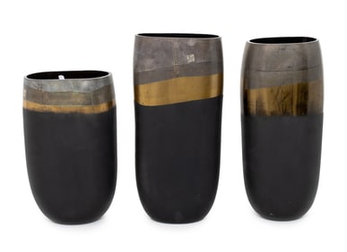 Italian Murano Gold-Flecked Black Glass Vases, 3