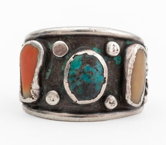 Navajo Dine Silver Coral & Turquoise Ring