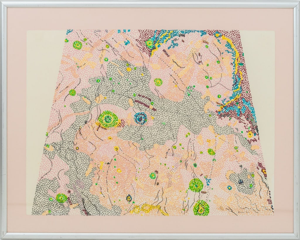 Nancy Graves "VIII" Screenprint, 1972: Nancy Graves (American, 1939-1995), "VIII", Screenprint in Colors, 1972, signed in pencil and dated lower right, titled, and numbered edition "47 / 100" lower left, silver-tone frame. Image: 22.25" W