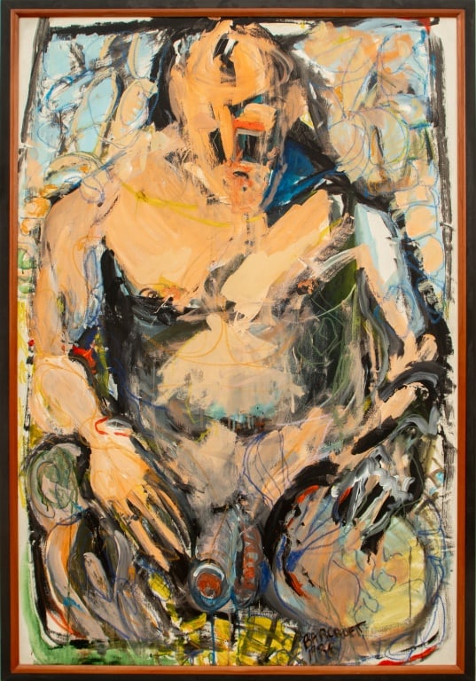 Judith Barcroft Seated Nude Man Oil on Canvas: Judith Barcroft (American, b.1942), Seated Nude Man, Oil on Canvas, 1986, depicting abstracted crouching naked man with mouth open in a scream, signed and dated lower right, signed and marked "(McIndo