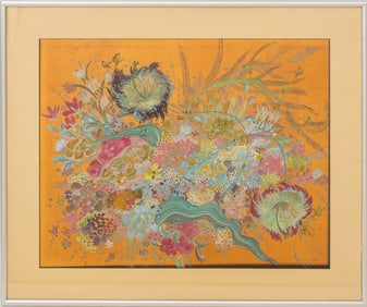 Signed Floral Composition Gouache on Paper