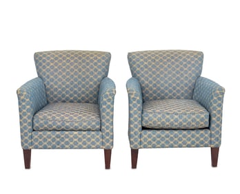 Blue Lattice Pattern Upholstered Armchairs, Pair