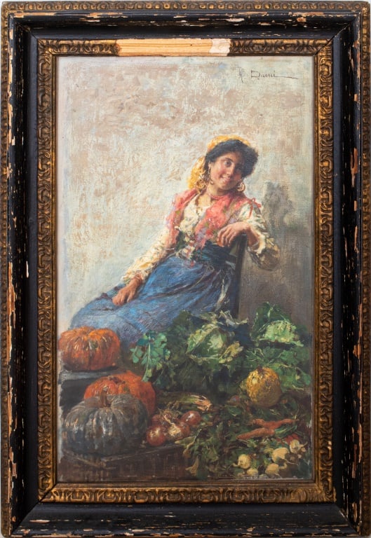 Augusto Daini Seated Fruit Seller Oil on Panel: Augusto Daini (Italian, 1860-1920), Seated Fruit Seller, Oil on Canvas Clad Panel, depicting a seated woman with pumpkins and vegetables at her feet, signed upper right, ebonized and gilt wood frame. 