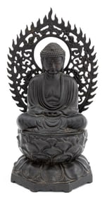 Japanese Seated Buddha Patinated Bronze Sculpture