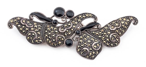 Silver Onyx Marcasite Butterfly Motif Pin Pendant