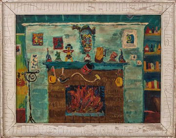 Bob Howard Fireplace Interior Scene Oil on Board