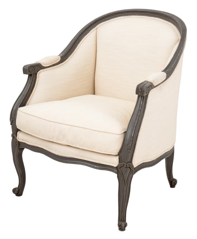 Louis XV Style Painted Wood Bergere: Louis XV Style Painted Wood Bergere, in gray with cream linen upholstery on four cabriole legs. 34.5" H x 28" W x 31" D; seat: 19" H. Provenance: From an Upper East Side Collection. Keywords: French F