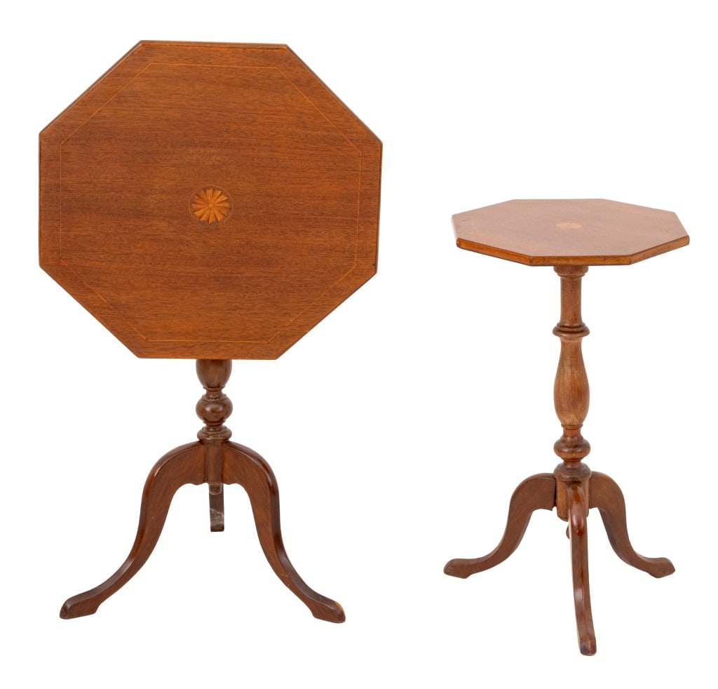 Victorian Style Marquetry Mahogany Tea Tables, 2: Two Victorian Style Marquetry Mahogany Tea Tables, each with shell motif inlay to the octagonal top on turned wood support and three cabriole legs. Larger: 21.75" H x 18.5" W x 17.25" D. Provenance: F