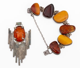 Fossil Amber and Silver Pendant and Bracelet, 2