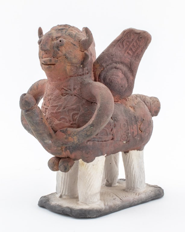 Louis Mendez Nude Centaur Pottery Sculpture: Louis Mendez (American, 1929-2012) Nude Centaur Pottery Sculpture, glazed russet red on unglazed legs, textured surface with cryptic symbols, signed "MENDEZ" to base. 9" H x 8.5" W x 6" D. Provenance: