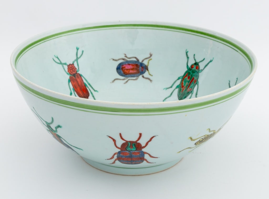 Chinese Insect Motif Porcelain Punch Bowl: Chinese Insect Motif Porcelain Punch Bowl, painted with beetles and scarabs to exterior and interior. 6.25" H x 13.75" Diameter. Provenance: From the Collection of a New York City Musician. Keywords: 