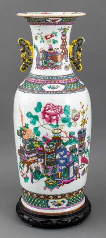 Chinese Famille Rose Porcelain Baluster Vase: Chinese Famille Rose Glazed Porcelain Baluster Vase, with carved wood base. 35" H x 8" Diameter. Provenance: From a New York City Collection. Keywords: Ceramics, Art Pottery, Asian Art, China, Vessel,