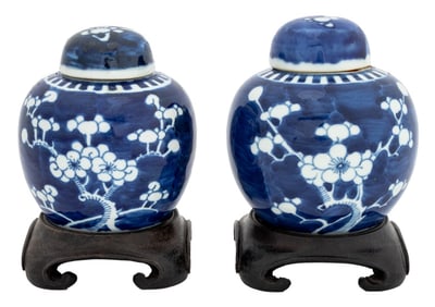 Chinese Blue & White Prunus Ginger Jars, Pair