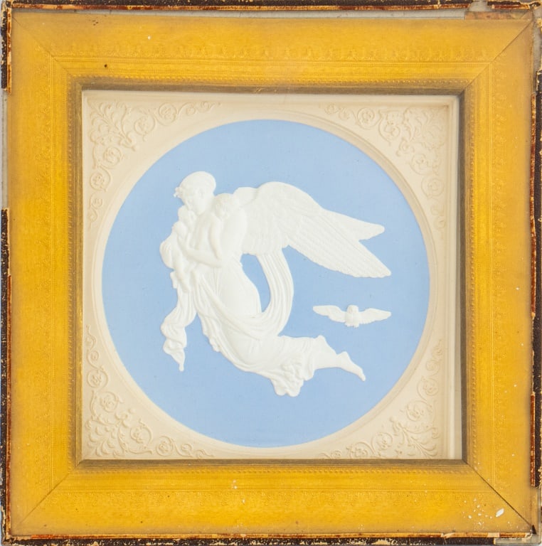 After Berthald Thorvaldsen "Night" Plaster Cast: After Berthald Thorvaldsen (Danish, 1770-1844) "Night" Tinted Plaster Cast, designed 1815, in the manner of Wedgwood, with arabesque spandrels, and within a gilt edged frame. Overall: 8.25" H x 8.25" 