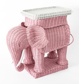 Pink Painted Wicker Elephant Side Table