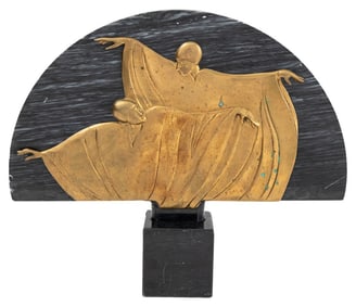 Art Deco Brass and Stone Fan Sculpture