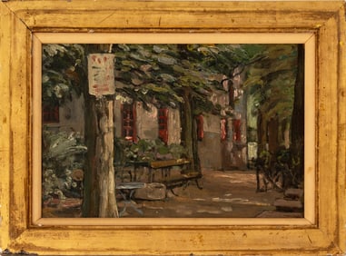 French School Outdoor Cafe Oil on Panel