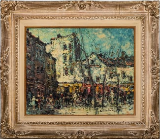 Signed Montmartre Street Scene Oil on Panel
