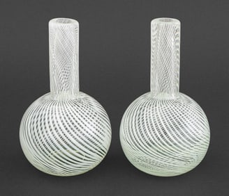 Italian Murano Latticino Glass Vases, Pair