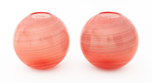 Venini Murano Red Latticino Glass Vases, Pair