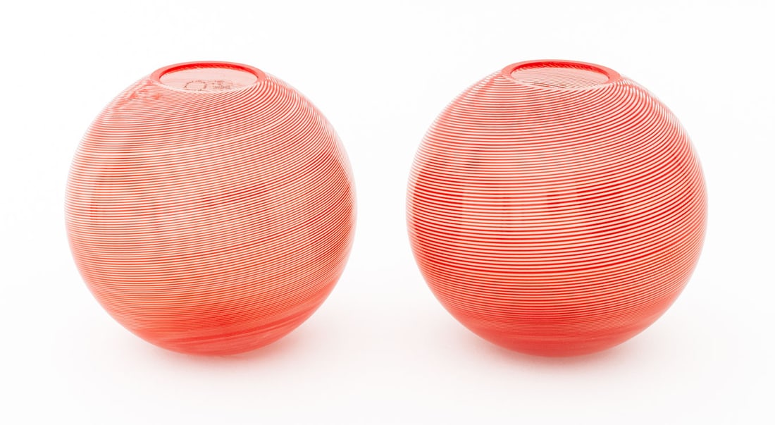 Venini Murano Red Latticino Glass Vases, Pair (1 of 6)