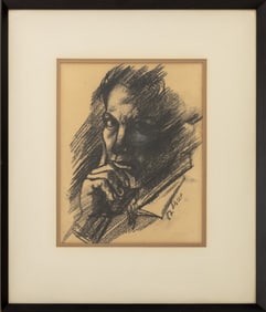 Israeli School Portrait of a Man Charcoal on Paper