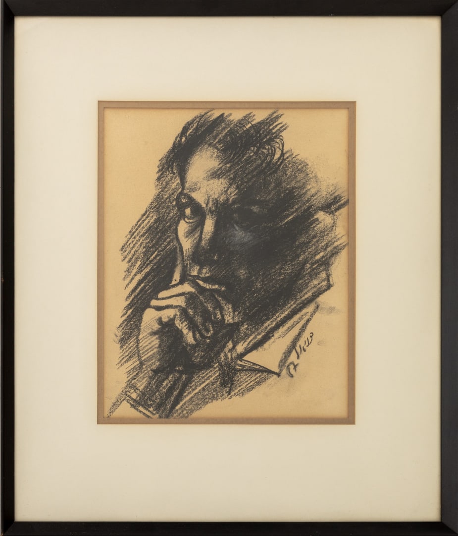 Israeli School Portrait of a Man Charcoal on Paper: Israeli School, Portrait of a Man, Charcoal on Paper, signed in Hebrew lower right, black frame. Image: 9.75" H x 7.75" W; frame: 17.25" H x 14.75" W. Provenance: From a 225 West 86th Street, New York