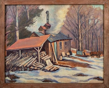 "The Woodpile" Oil on Masonite, 20th C.