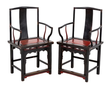 Chinese Black Lacquered Armchairs, Pair