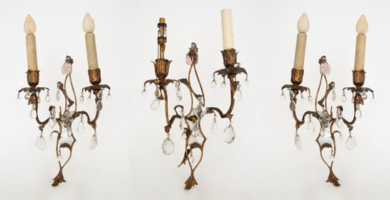 French Brass & Crystal Candelabra Wall Sconces, 3
