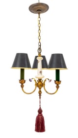 French Porcelain and Brass Three-Light Chandelier