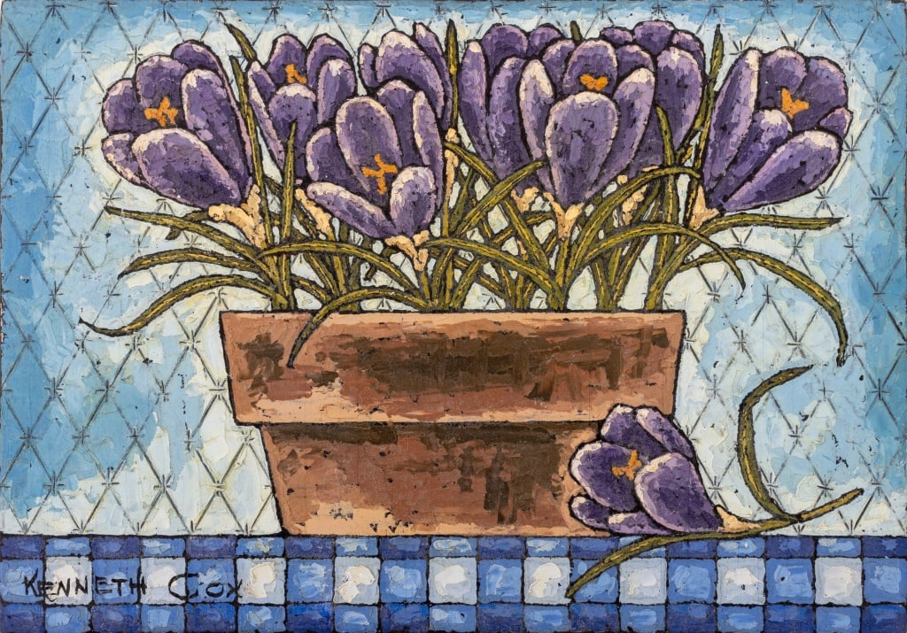 Kenneth Cox Floral Still Life Scene Oil on Panel: Kenneth Cox (American, XX), Still Life Scene of Purple Flowers, signed lower left, unframed. 8.5" H x 12" W. Provenance: The Upper East Side Estate of Anne Kaufman Schneider, the daughter of Pulitzer 