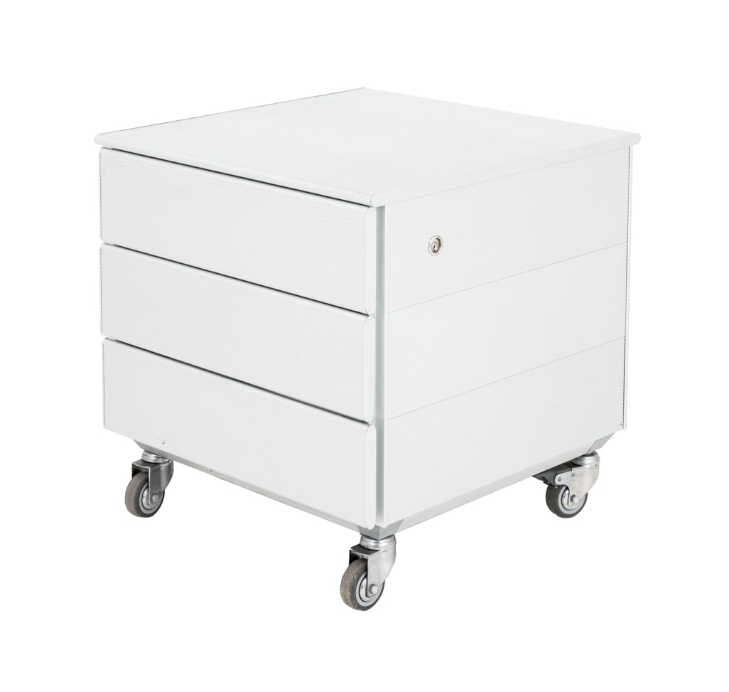 Saporiti Italia Aluminum Office Cabinet: Saporiti Italia Aluminum Office Cabinet, three drawers with glass inserts above four casters, partial label to second drawer interior. 20.25" H x 19.75" W x 20" D. Provenance: From a Vintage Collectio