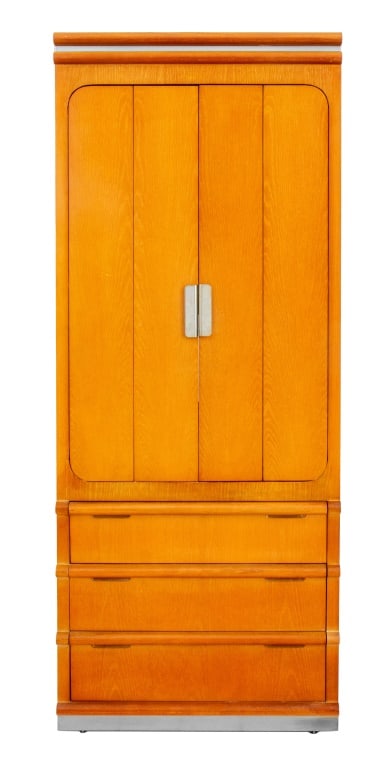 Jay Spectre for Century Oak Media Cabinet: Jay Spectre for Century Oak and Chrome Media Cabinet, with power strip, three drawers, and metal plaque label to drawer interior. 82.5" H x 33.25" W x 22" D. Provenance: From an Upper East Side York A