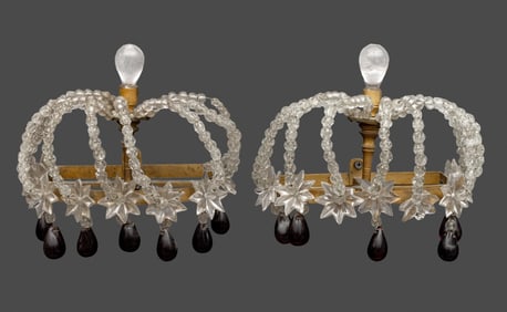 Hollywood Regency Brass & Crystal Sconces, Pair