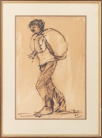 Daniel Levy Man Carrying Sack Watercolor, 1967
