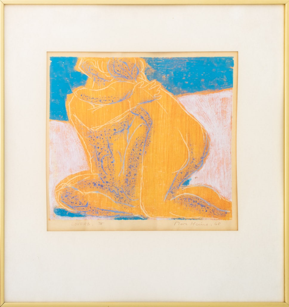 Marc Heine "Lovers III" Mixed Media on Paper, 1968: Marc Heine (German/American, b. 1919), "Lovers III", Mixed Media on Paper, 1968, signed in ink and dated lower right and titled lower left, gold-tone metal frame. Image: 10.25" H x 11.5" W; frame: 19.