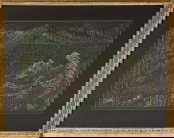 American School Women Seated with Llamas Gouache