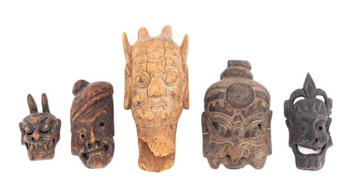 Tibetan Carved Wood Masks and Puppet Head, 5