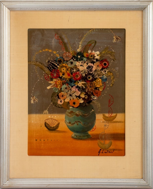 A. Lioton Symbolist Flower Study Oil on Canvas: A. Lioton (French, XX), Symbolist Flower Study, Oil on Canvas, in the manner of Odilon Redon (French, 1840-1916), signed lower right "A. Lioton", silver-tone frame. Image: 13" H x 9.5" W; frame: 19" H