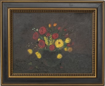 Illegibly Signed Floral Still Life Oil on Board