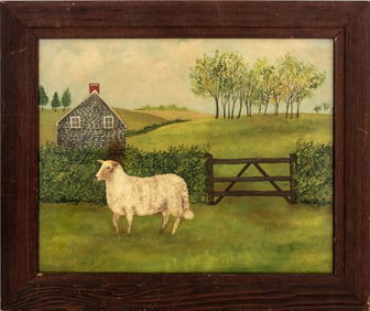Naive School Farm Scene with Lamb Oil on Canvas