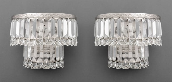 Chrome and Crystal Two-Tier Wall Sconces, Pair