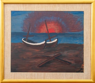 Signed Boats at Sunset Acrylic on Panel, 1971