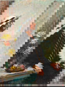 Peter Ho Woman in White Hat Oil on Canvas