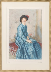 English School Woman in Blue Dress Etching