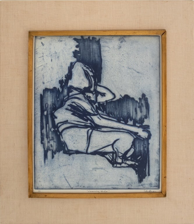 Mary Schullman "Dreaming Child" Etching & Aquatint: Mary Schullman (American, XX-XXI), "Dreaming Child", Etching and Aquatint, signed in pencil lower right, titled lower center, and numbered edition "2 / 4" lower left, giltwood frame mounted on canvas