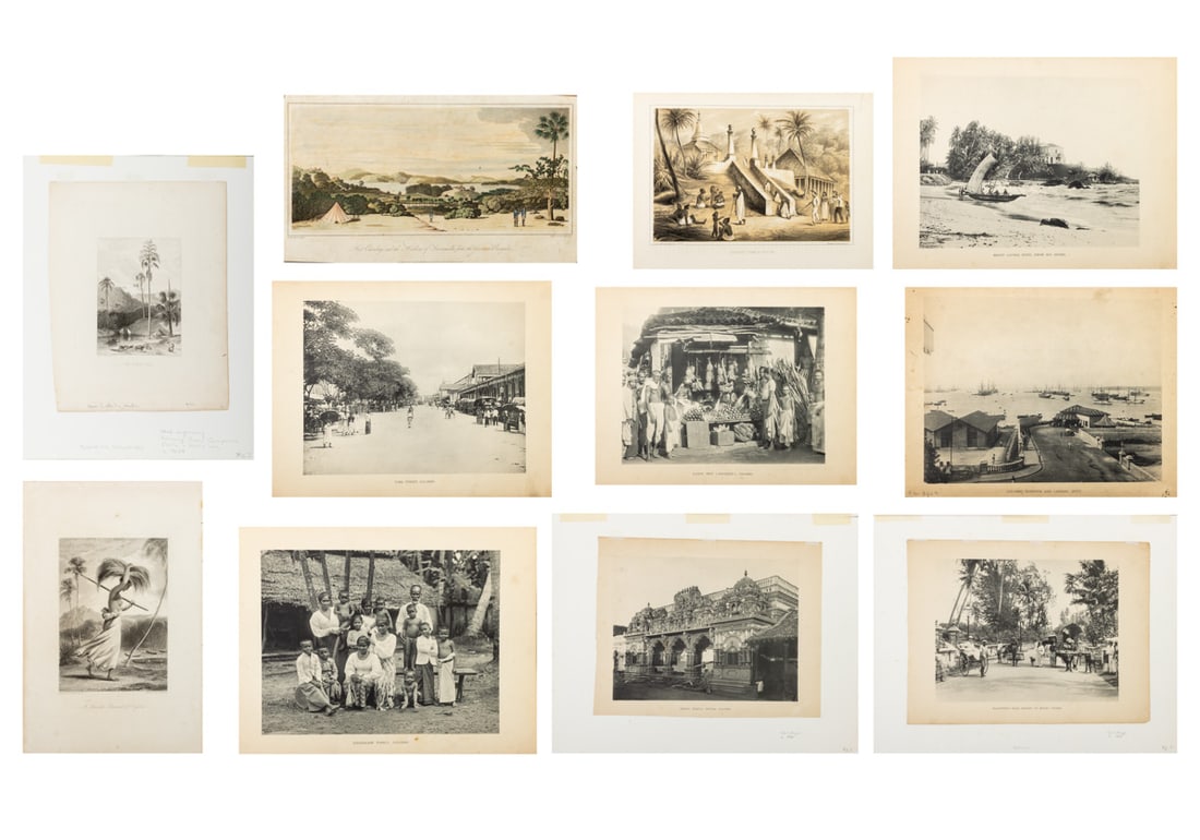 Ceylon Engravings and Collotype Photographs, 11: Collection of Eleven Ceylon (Sri Lanka) Engravings and Collotype Photographs, comprising: four (4) engravings "Fort Ostenburg and the Harbour of Irincemallee from the Government Bungaloe" after James 
