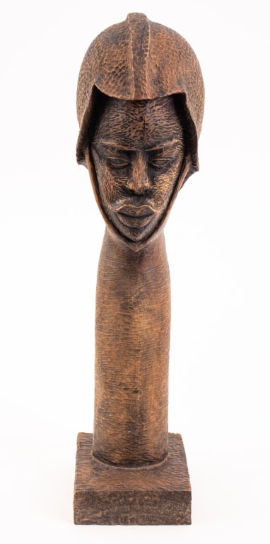 Joubert Duperrier Figural Carved Wood Sculpture: Joubert Duperrier (Haitian, XX) Figural Carved Wood Sculpture, signed to underside of base. 24" H x 5.75" W x 7.25" D. Provenance: From a Sutton Place Estate. Keywords: Caribbean Artists, Carving, Sta